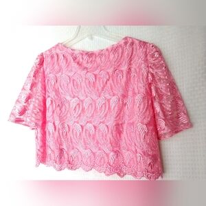 Sari Ethnic CROP Top Blouse Bright Pink Lace Short Sleeve Size Large Chest 40"